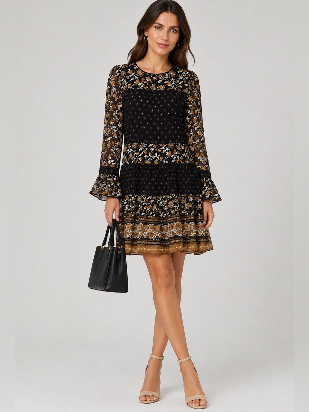 Michael Kors Georgette Dress Women XS Paisley Gold Mettalic Floral  AA